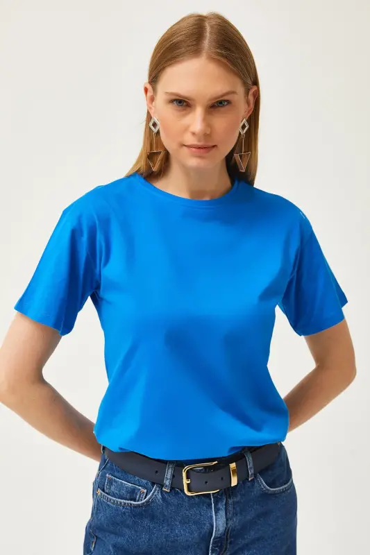 Kadın Saks Mavi Bisiklet Yaka Basic Tişört TSH-19000774 - Saks Mavi - 5