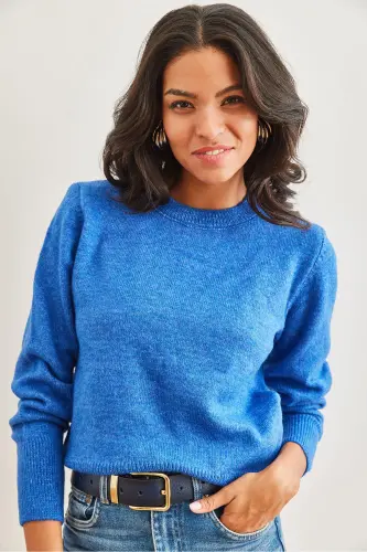 Kadın Saks Mavi Bisiklet Yaka Yumuşak Dokulu Basic Triko Kazak KZK-19000845-Saks Mavi - 2