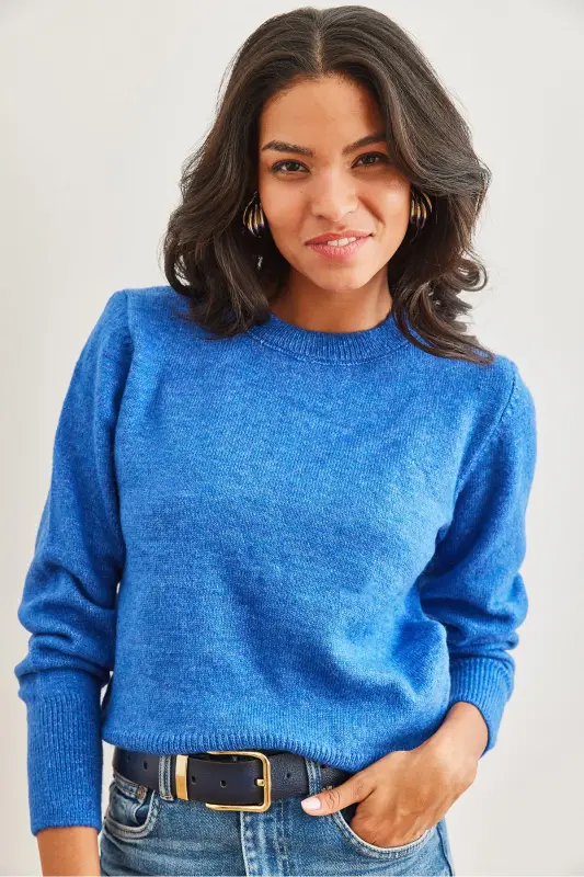 Kadın Saks Mavi Bisiklet Yaka Yumuşak Dokulu Basic Triko Kazak KZK-19000845-Saks Mavi - 2