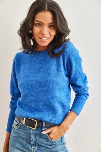 Kadın Saks Mavi Bisiklet Yaka Yumuşak Dokulu Basic Triko Kazak KZK-19000845-Saks Mavi - 3