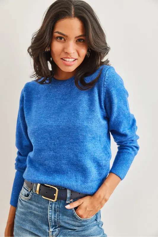 Kadın Saks Mavi Bisiklet Yaka Yumuşak Dokulu Basic Triko Kazak KZK-19000845-Saks Mavi - 3