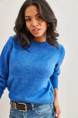 Kadın Saks Mavi Bisiklet Yaka Yumuşak Dokulu Basic Triko Kazak KZK-19000845-Saks Mavi - 5