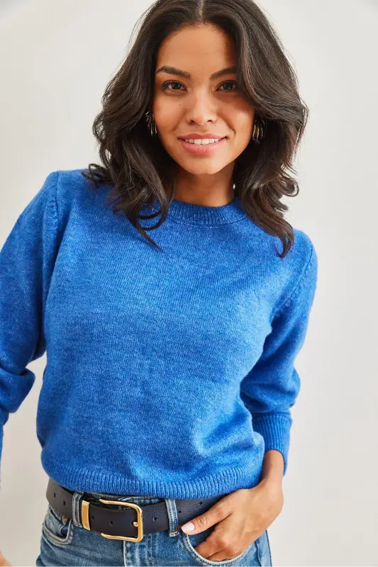 Kadın Saks Mavi Bisiklet Yaka Yumuşak Dokulu Basic Triko Kazak KZK-19000845-Saks Mavi - 6