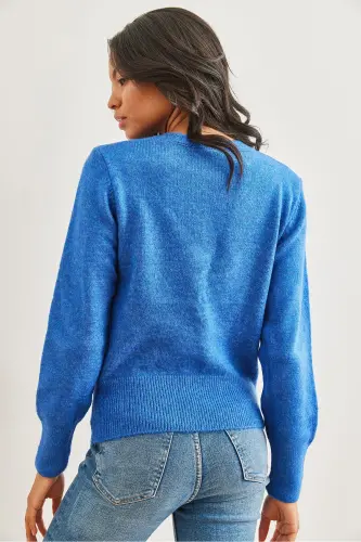 Kadın Saks Mavi Bisiklet Yaka Yumuşak Dokulu Basic Triko Kazak KZK-19000845-Saks Mavi - 7