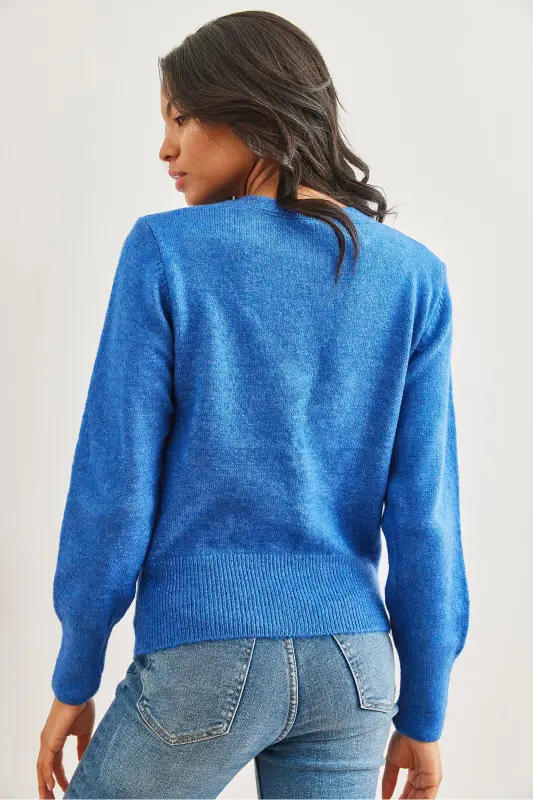 Kadın Saks Mavi Bisiklet Yaka Yumuşak Dokulu Basic Triko Kazak KZK-19000845-Saks Mavi - 7