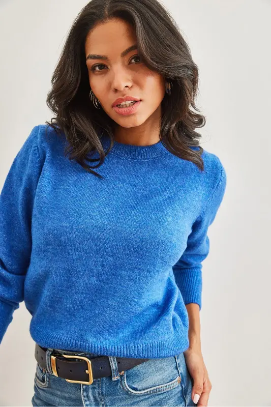 Kadın Saks Mavi Bisiklet Yaka Yumuşak Dokulu Basic Triko Kazak KZK-19000845-Saks Mavi - 5