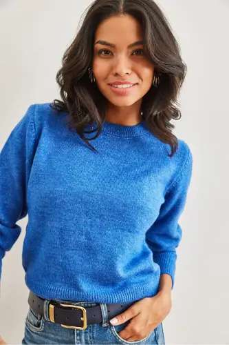 Kadın Saks Mavi Bisiklet Yaka Yumuşak Dokulu Basic Triko Kazak KZK-19000845-Saks Mavi - 6