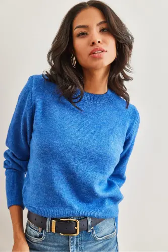 Kadın Saks Mavi Bisiklet Yaka Yumuşak Dokulu Basic Triko Kazak KZK-19000845-Saks Mavi 