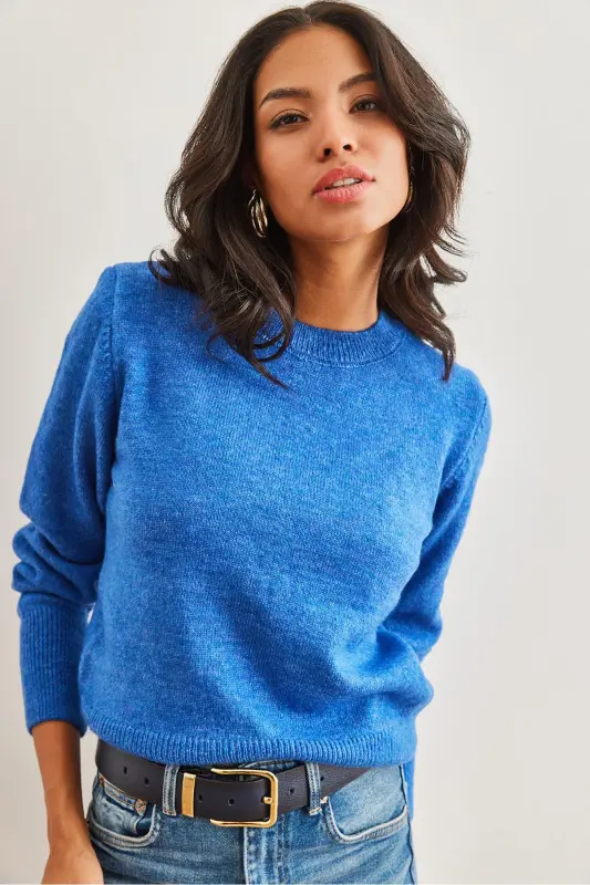 Kadın Saks Mavi Bisiklet Yaka Yumuşak Dokulu Basic Triko Kazak KZK-19000845-Saks Mavi - OLALOOK