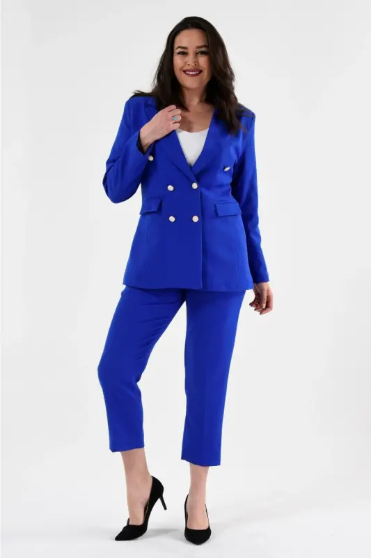 Kadın Saks Mavi Blazer Ceket Kemerli Cepli Boru Paça Pantolon Büyük Beden Takım Elbise - Saks Mavi - SİZ