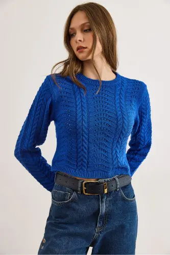 Kadın Saks Mavi Dalga Örgüllü Crop Triko Kazak KZK-19000822 - Saks Mavi - 3