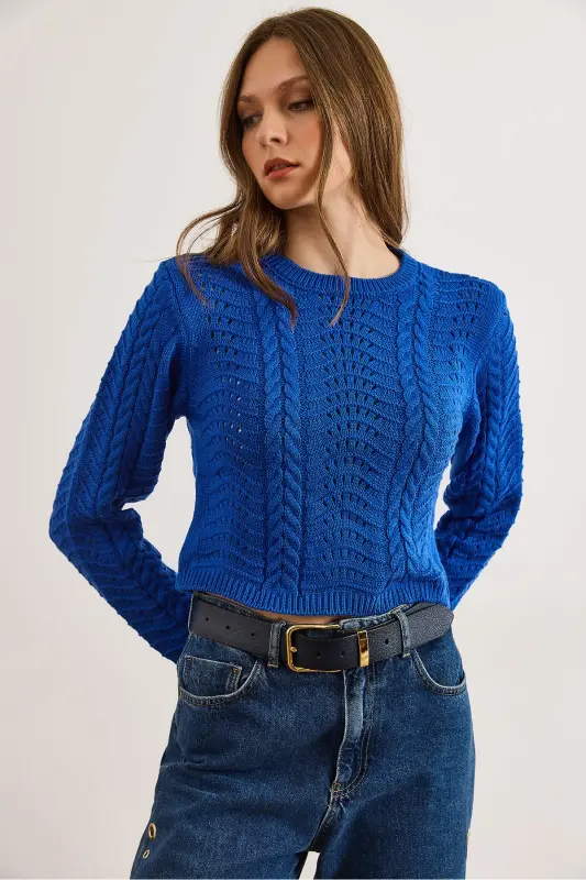 Kadın Saks Mavi Dalga Örgüllü Crop Triko Kazak KZK-19000822-Saks Mavi - 3