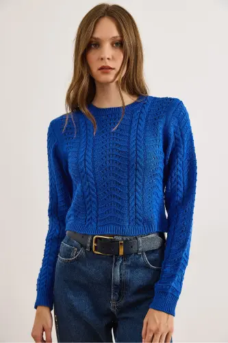 Kadın Saks Mavi Dalga Örgüllü Crop Triko Kazak KZK-19000822-Saks Mavi - 4