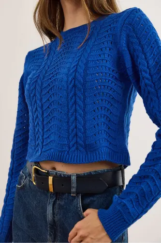 Kadın Saks Mavi Dalga Örgüllü Crop Triko Kazak KZK-19000822-Saks Mavi - 5