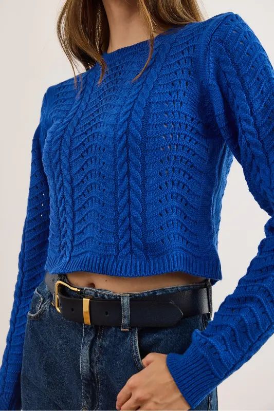 Kadın Saks Mavi Dalga Örgüllü Crop Triko Kazak KZK-19000822-Saks Mavi - 5