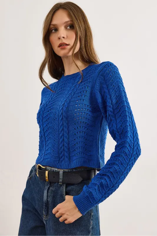 Kadın Saks Mavi Dalga Örgüllü Crop Triko Kazak KZK-19000822-Saks Mavi - OLALOOK