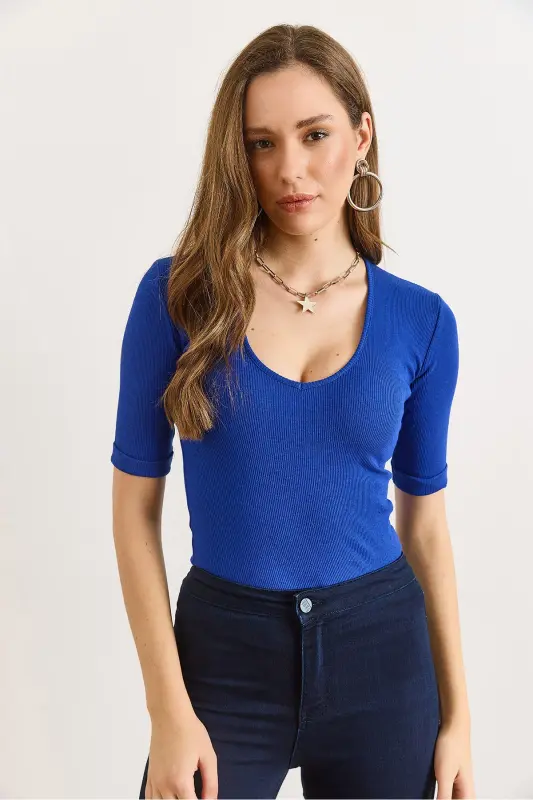 Kadın Saks Mavi Derin V Yaka Duble Kol Esnek Pamuk Bluz BLZ-19002951 - Saks Mavi - 3