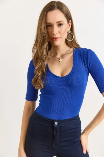Kadın Saks Mavi Derin V Yaka Duble Kol Esnek Pamuk Bluz BLZ-19002951 - Saks Mavi - 6