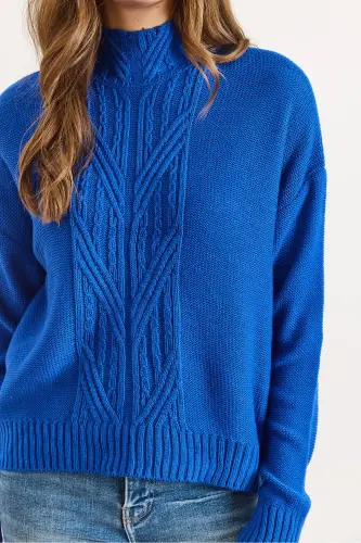 Kadın Saks Mavi Dik Yaka Ortası Saç Örgülü Triko Kazak KZK-19000912-Saks Mavi - 4