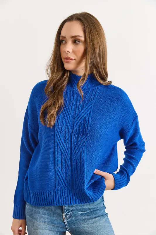 Kadın Saks Mavi Dik Yaka Ortası Saç Örgülü Triko Kazak KZK-19000912-Saks Mavi - 5