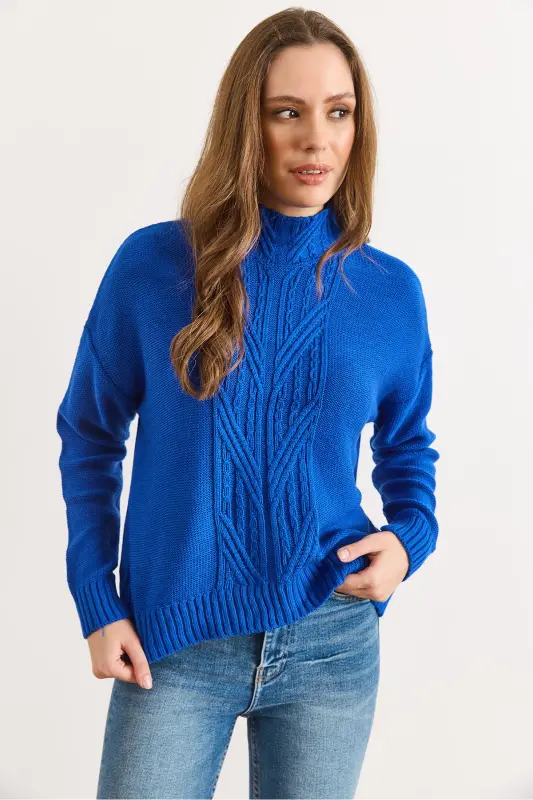 Kadın Saks Mavi Dik Yaka Ortası Saç Örgülü Triko Kazak KZK-19000912-Saks Mavi - 6