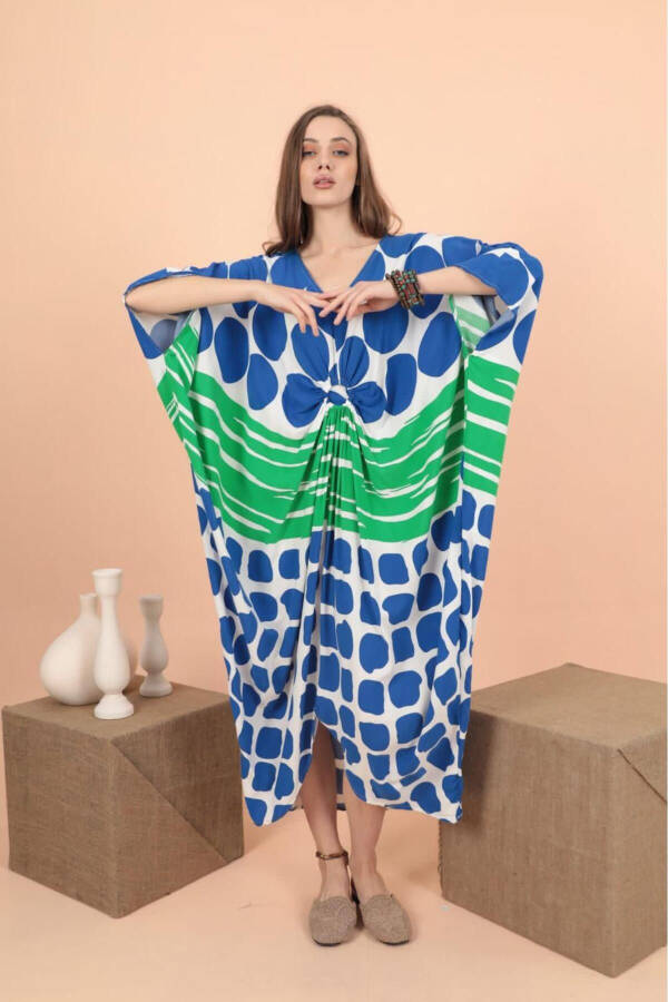 Kadın Saks Mavi Halka Detaylı Yuvarlak Desenli Büyük Beden Salaş Oversize Elbise-Saks Mavi - 1