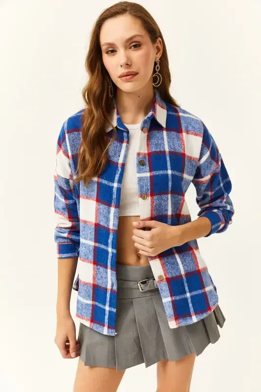 Kadın Saks Mavi Kırmızı Ekose Oduncu Gömlek-Saks Mavi Kırmızı - 3