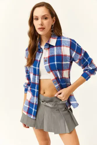 Kadın Saks Mavi Kırmızı Ekose Oduncu Gömlek-Saks Mavi Kırmızı - 5