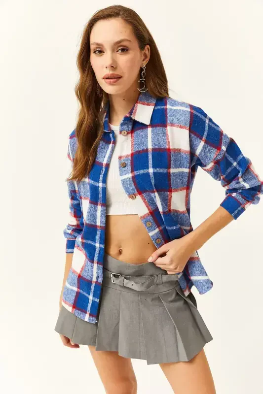 Kadın Saks Mavi Kırmızı Ekose Oduncu Gömlek-Saks Mavi Kırmızı - 5