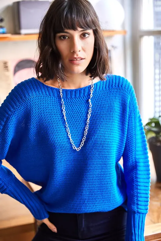 Kadın Saks Mavi Kol Detaylı Petek Örgü Kazak KZK-19000399-Saks Mavi - OLALOOK