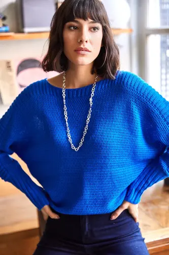 Kadın Saks Mavi Kol Detaylı Petek Örgü Kazak KZK-19000399-Saks Mavi - OLALOOK (1)