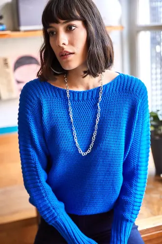 Kadın Saks Mavi Kol Detaylı Petek Örgü Kazak KZK-19000399-Saks Mavi - 3