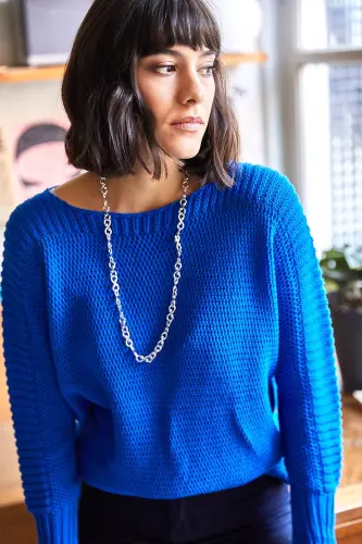 Kadın Saks Mavi Kol Detaylı Petek Örgü Kazak KZK-19000399-Saks Mavi - 5