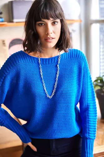 Kadın Saks Mavi Kol Detaylı Petek Örgü Kazak KZK-19000399-Saks Mavi - 1