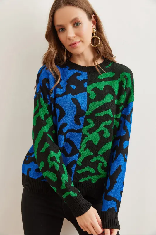 Kadın Saks Mavi Leopar Bloklu Triko Kazak KZK-19000832-Saks Mavi - 2