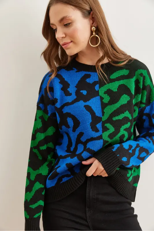 Kadın Saks Mavi Leopar Bloklu Triko Kazak KZK-19000832-Saks Mavi - 3