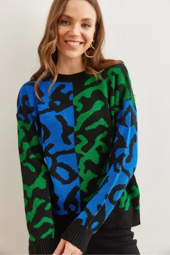 Kadın Saks Mavi Leopar Bloklu Triko Kazak KZK-19000832-Saks Mavi - 4