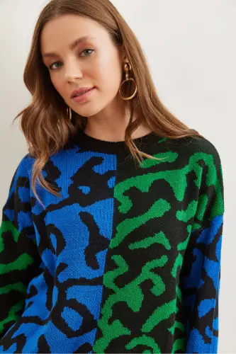 Kadın Saks Mavi Leopar Bloklu Triko Kazak KZK-19000832-Saks Mavi - 5