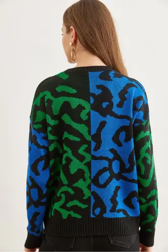 Kadın Saks Mavi Leopar Bloklu Triko Kazak KZK-19000832-Saks Mavi - 6