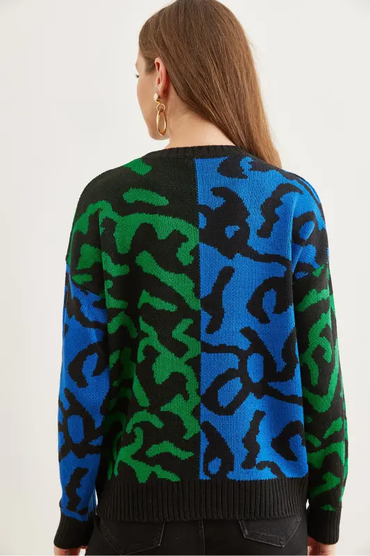 Kadın Saks Mavi Leopar Bloklu Triko Kazak KZK-19000832-Saks Mavi - 6