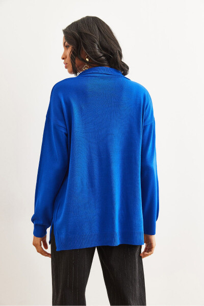 Kadın Saks Mavi Polo Yaka Basic Triko Kazak KZK-19000871-Saks Mavi - 5