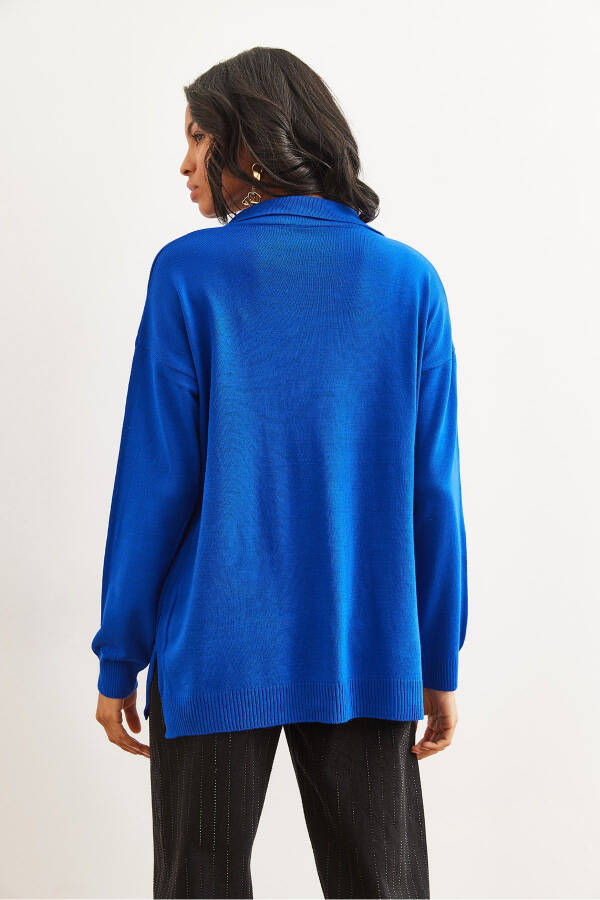 Kadın Saks Mavi Polo Yaka Basic Triko Kazak KZK-19000871-Saks Mavi - 5