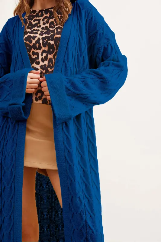 Kadın Saks Mavi Saç Örgü Manşet Katlamalı Maxi Triko Hırka HRK-19000327-Saks Mavi - 2