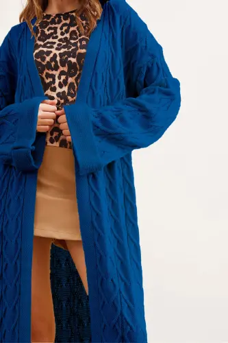 Kadın Saks Mavi Saç Örgü Manşet Katlamalı Maxi Triko Hırka HRK-19000327-Saks Mavi - 2