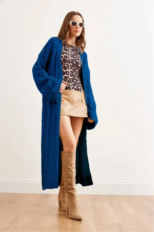 Kadın Saks Mavi Saç Örgü Manşet Katlamalı Maxi Triko Hırka HRK-19000327-Saks Mavi - 3