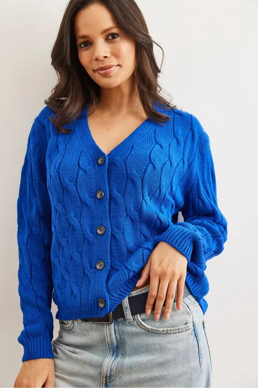 Kadın Saks Mavi Saç Örgülü Triko Hırka HRK-19000298-Saks Mavi - 2