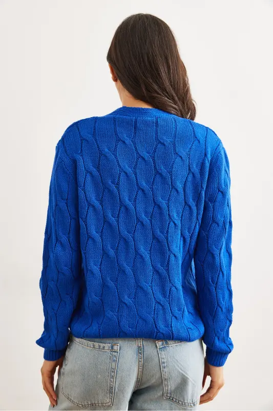 Kadın Saks Mavi Saç Örgülü Triko Hırka HRK-19000298-Saks Mavi - 3