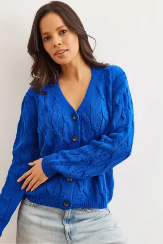 Kadın Saks Mavi Saç Örgülü Triko Hırka HRK-19000298-Saks Mavi 