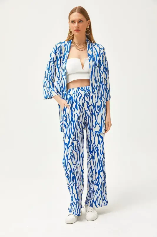 Kadın Saks Mavi Üst Kimono Alt Cepli Pantolon Takım TKM-19000276-Saks Mavi - 2