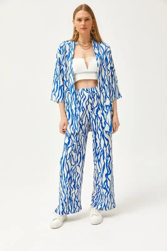 Kadın Saks Mavi Üst Kimono Alt Cepli Pantolon Takım TKM-19000276-Saks Mavi - 5